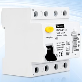 Warmfay FI Circuit Breaker 63A 300mA 4-Pin Residual Current Circuit Breaker Type B All-Current Intensive Switch Automatic Fuse FI Switch for Wall Boxes Charging Stations
