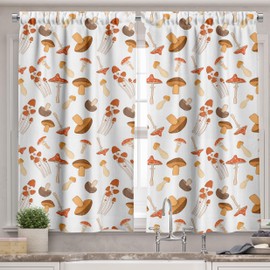 Ambesonne Autumn Valance & Tier Curtain 3 pcs Set, Colorful Mushroom Pattern Woodland Illustration Fall Season Romance, Window Treatments for Kitchen Room Decor, 55" x 36", Warm Taupe Brown and Coral