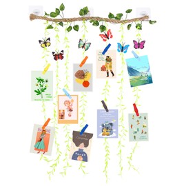 QXUJI Wall Hanging Photo Display with Artificial Leaves Vines, Macrame Photo Holders, Boho Pictures Organizer for Wall Decoration, with 15 Wood Clips, for Home, Office, Classroom, Party, Wedding