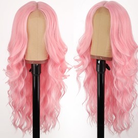 AISI HAIR Pink Wig for Women, Long Wavy Pink Lace Hairline Wig, 26 Inch Middle Part Synthetic Wig for Daily Party