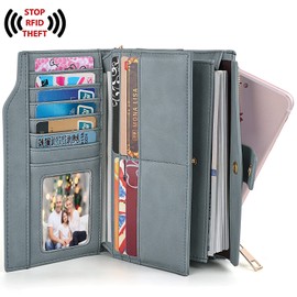UTO Wallet for Women RFID Blocking Ladies Wristlet Purse 21 Card Slots Phone Pocket Synthetic Leather Grey Blue