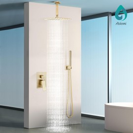 Aolemi Ceiling Mount Shower System with Rainfall Shower Head and Handheld,High Pressure Shower Faucet Set Fixture Combo with 2 in 1 Handheld Spray Rough-in Valve,8 Inch Shower Head Brushed Gold