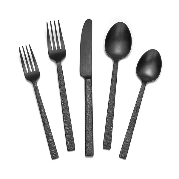 KINGSTONE 20 Pcs Black Hammered Silverware Set for 4, 18/10