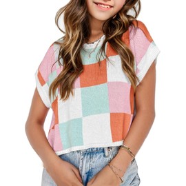 Girls Summer Crop Tops Cute Tanks Cap Sleeve Colorblock Tee Shirts Sweater Vest Outfits Loose Knit Kids Top Pink