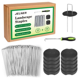 JELNER Landscape Staples Set,6 Inch 11 Gauge 50pcs Galvanized Garden Staples + 50pcs Gaskets + 1Pick Hook,U-Shaped Tent Stakes Landscaping Fabric SOD Pins for Weed Fabric Barrier,Groud Cover,Fence