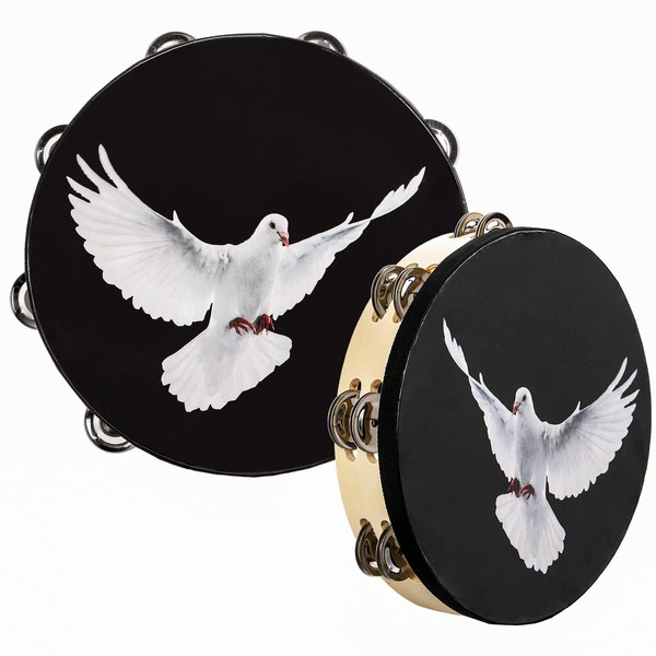 Elsjoy Set of 2 Tambourine, 10" and 8" Dove Church Tambourine with Double Row Jingle, Wooden Handbell Hand Clap Drum Percussion Instrument for Church, Black