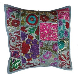 Rastogi Handicrafts Handmade Patchwork Cushion Pillow, Sari Patch Throw Pillow Indian Ethnic Pillow Covers Embroidered Sari Patchwork Cushion Cover (GRAY)