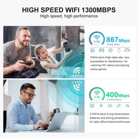 1300MbpsUSB WiFi Adapter for Desktop PC,Free Driver Wireless Network Adapter Dual Band 2.4G 5.8G,Wi-Fi Dongle Compatible with Windows 11/10