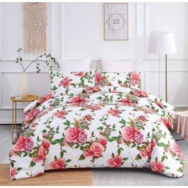 DaDa Bedding Romantic Roses Floral Duvet Cover Set - Lovely Spring Garden Pink w/Pillow Cases - Bright Vibrant Colorful Blooming Flowers - Soft Comforter Cover w/Corner Ties - Cal King - 3-Pieces