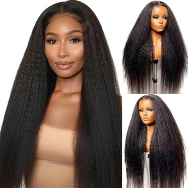 30Inch Lace Front Wig Human Hair 200% Density Kinky Straight Lace Frontal Wigs 13x4 HD Lace Front Wigs Human Hair Pre Plucked 12A Yaki Straight Human Hair Wig For Women with Baby Hair Natural Black
