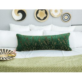 PANOD Decorative Modern Extra Long Pillow Cover 14 x 36, Boho Long Pillow for Bed,Soft Velvet Twigs Textured Coastal Neutral Long Lumbar Pillow Cover for Sofa Couch Farmhouse Livingroom, Green