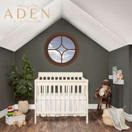 Dream On Me Aden 4-in-1 Convertible Mini Crib In French White, Greenguard Gold Certified, Non-Toxic Finish, New Zealand Pinewood, With 3 Mattress Height Settings