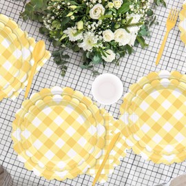 176 PCS Yellow Gingham Plates and Napkins, Yellow Checkered Disposable Plates Set with Napkins Cups Plastic Spoons Forks Knives for Dinner Birthday Baby Shower Wedding Supplies