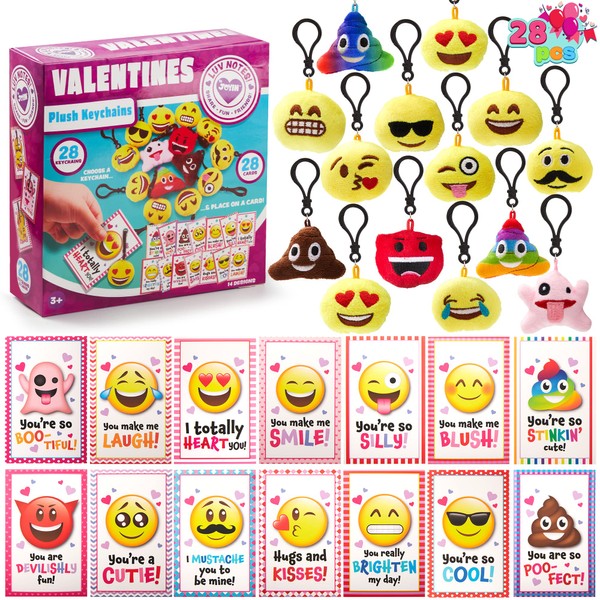 JOYIN 28 Pack Valentines Day Gifts Cards with Emoji Plush Key-chain, Greeting Cards with Emoticon Plush for Valentine Classroom Exchange, Kids Party Favor