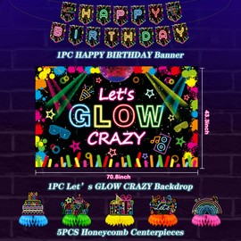 Neon Glow Party Decorations Supplies,Neon Birthday Party Decorations Glow in The Dark Let's Glow Crazy Backdrop with Banner and 5PCS Honeycomb Centerpiece Sleepover Party Supplies Photography Props
