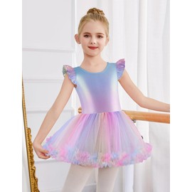 Zaclotre Tutu Dance Dresses for Girls Ruffle Sleeve Criss-Cross Back Ballet Leotards Toddler Ballerina Costume Rainbow