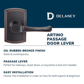 Delaney Callan Hardware Artino Passage Door Handle, Fits Doors 1-3/8 to 1-3/4 in. Thick, Edged Oil Rubbed Bronze – Reversible Left/Right-Handed Hallway, Closet Door Lever with Latch–Easy to Install