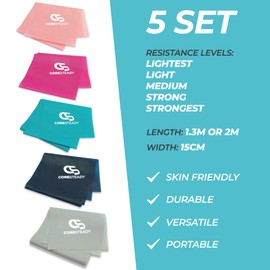 Coresteady Resistance Band For Men & Women - Exercise Band to Build Strength, Flexibility, Muscle & Tone - For Fitness, Stretching, Pilates, Physio & Yoga - With Exercise Guide (#8 5 SET, 1.3 Metre)