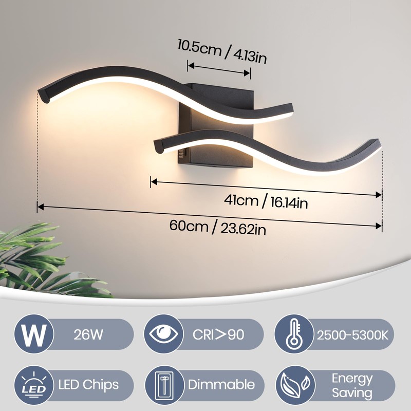 Vloitgol Black Bathroom Vanity Light Fixture, 26W 5CCT Dimmable Modern