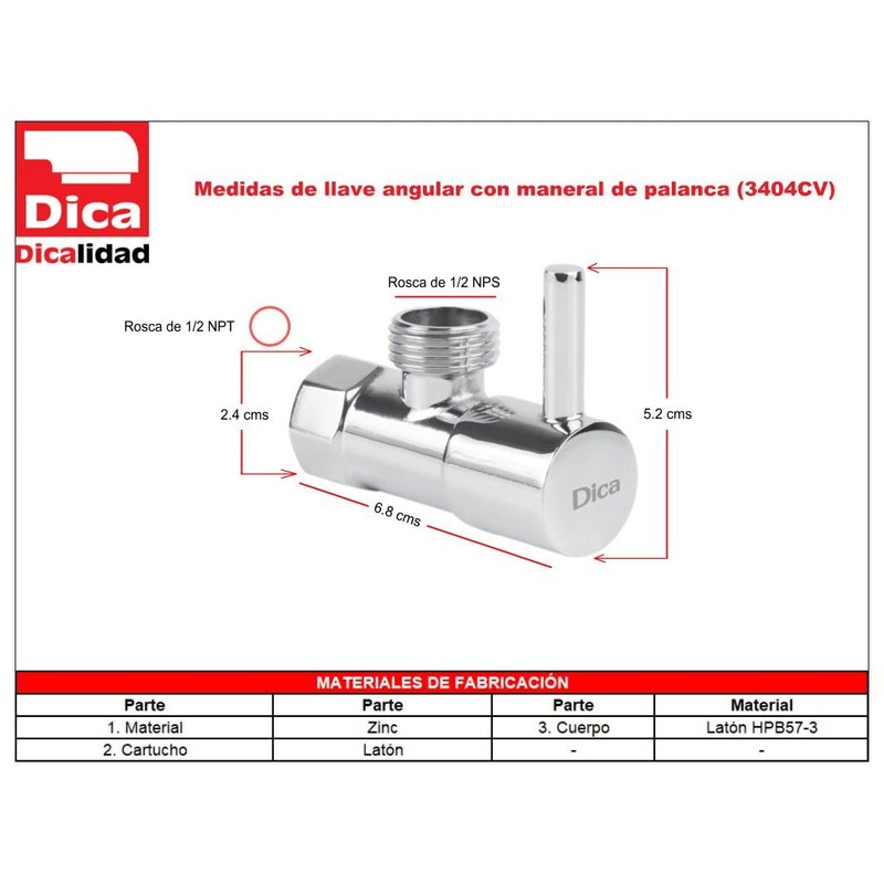 Dica 3404CV Llave de Control Angular Cuarto de Vuelta, Acabado