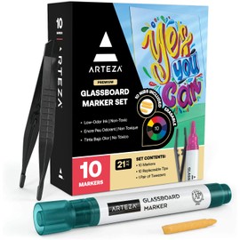 ARTEZA Glass Board Dry Erase Markers, Pack of 10 Colors Glass Markers, Low-Odor Ink, Erasable Mirror Window Markers, Office Supplies for Whiteboards,