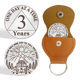 IELCJJ 3 Year Sobriety Coin - One Day at A Time Sobriety Token - Triplate AA Cions and Medallions - Alcoholics Anonymous Recovery Gifts for Men Women Sober Chip with PU Leather Keychain