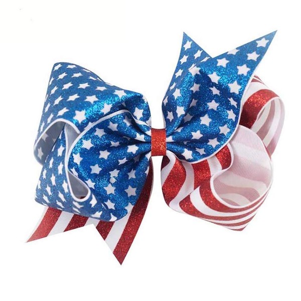 Large 6.5'' 4th of July American Flag Glitter Hair Bow