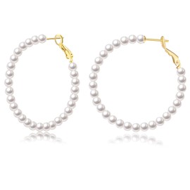 Pearl Earrings for Women - LYTOPTOP 14K Gold Plated Pearl Hoop Earrings, Sterling Silver Post Large Circle Round Pearl Earrings Jewelry Gifts for Women Girls, 40mm