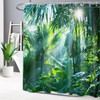 LB Shower Curtain Jungle, Green Bath Curtain with 12 Hooks,