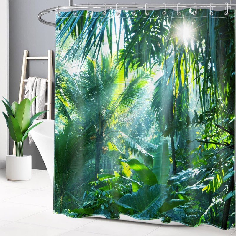 LB Shower Curtain Jungle, Green Bath Curtain with 12 Hooks,