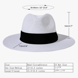 Lanzom Women Wide Brim Straw Panama Roll up Hat Fedora Beach Sun Hat UPF50+(White,Large-X-Large)