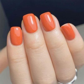 Short Fake Nails Square Press On Nails Orange False Nails With Solid Color Design Full Cover Stick On Nails Acrylic Artificial Nails Reusable Glossy Glue On Nails For Women Manicure Art 24pcs