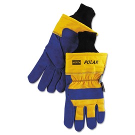 Honeywell 70/6465NK North Polar Cowhide Thinsulate Lined Cold Weather Gloves with Wing Thumb, Safety Cuffs and Knit Wrist, Large Blue and Yellow