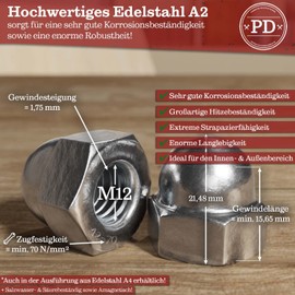 PD® Cap Nuts M12 Stainless Steel (DIN 1587) | High Quality A2 V2A Stainless Steel Cap Nuts | Protective Caps Nuts in High Shape for Screws, Threaded Rods & Threaded Bolts | Pack of 25