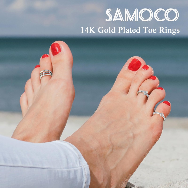 SAMOCO 8 Pcs Toe Rings for Women 14K Gold Silver