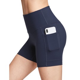 Baleaf - Pantalones cortos de motociclista para mujer, yoga, gimnasio, entrenamiento, elastano, correr, voleibol, control de abdomen, compresión con bolsillos, suave, 5 pulgadas, azul, XS, Azul-más