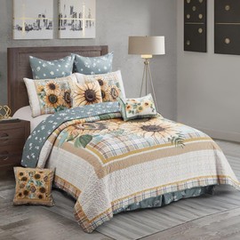 Virah Bella 3 Piece Full/Queen Lodge Quilt Bedding Set - Rustic Country Reversible Comforter Set with Decorative Pillow Shams - Sunflower Bouquet