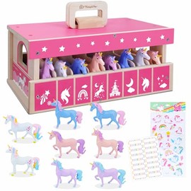 SIMPLIPLAY Unicorn Wooden Stable Playset, Portable Horses Toys Set with 8 Adorable Unicrons, 2 Stickers, Horse Stable with Metal Door Lock, Creativity Horse Gifts for Girls Boys Kids Unicorn Lovers