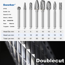 Sworker 8Pcs Carbide Burr Set 1/4 Shank w/Clear Box Max Head Dia 10mm Die Grinder Bits Rotary Tools Attachment Kit Rasp Accessories Metal Wood Stone Steel Grinding Deburring Cutting Porting Carving