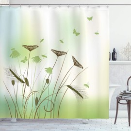 Ambesonne Butterfly Shower Curtain, Silhouette of Dragonflies Bees Butterflies Flying All Over The Flowers Spring Theme, Cloth Fabric Bathroom Decor Set with Hooks, 75" Long, Green
