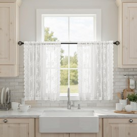 Kotile Ivory Lace Curtains 36 Inch Length 2 Panels, Country Rustic Floral Lace Curtains Short for Kitchen Window, Rod Pocket Privacy Lace Cafe Curtains, 42 x 36 Inch Each, 1 Pair, Ivory