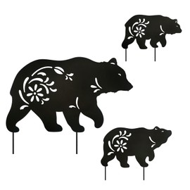 Hokfirm Metal Bear Stake, Outdoor Metal Bear Statue, Silhouette Bear Stake Outdoor Decorative Metal Animal Stakes, Set of 3