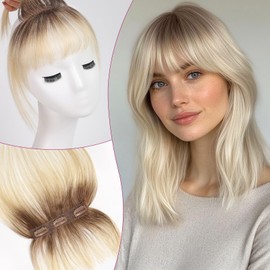 EMMOR Clip in Bangs, 100% Human Hair Bangs with 3 Non-slip Clips, 360°Cover Top HairPieces with 5 inch Wispy Fringes for enhancing Women's Facial Features(Ombre Light Blonde)