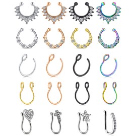 AceFun 20PCS Fake Septum Ring Fake Nose Ring Stainless Steel Faux Nose Lip Ear Septum Ring Non Piercing Clip On Nose Hoop Rings CZ Heart Star No Pierced Jewelry