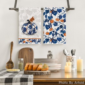 Artoid Mode - Juego de 2 toallas de cocina con diseño de calabaza azul, 18 x 26 pulgadas, hojas florales de otoño, decoración de Acción de Gracias, juego de 2