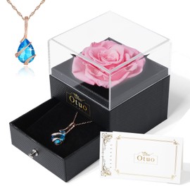 Otuo Preserved Roses Gift Jewerlry Box, Real Eternal Rose Flower with Necklace, Gifts for Girlfriend, Mom, Women, Wife, Birthday and Mothers Day (Pink)
