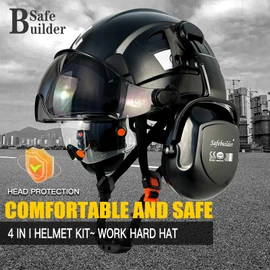 SAFEBUILDER Industrial Safety Helmet with Visor Ear Muffs Hard Hat with Visor Vented OSHA Approved Hardhats Construction Work Head Protection (Black Helmet with Clear & Tinted Visor & B07 Earmuffs)