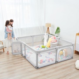 Sweeby Foldable Baby Playpen, Baby Gate Playpens for Babies and Toddlers 71x59 Extra Large Play Yard with Door Fence with Mat and Indoor Play Pen,Light Grey
