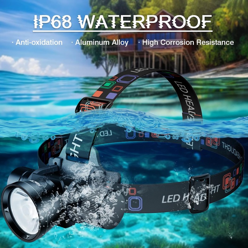 HECLOUD 3000 Lumens Super Bright Diving Headlamp IP68 Waterproof Dive