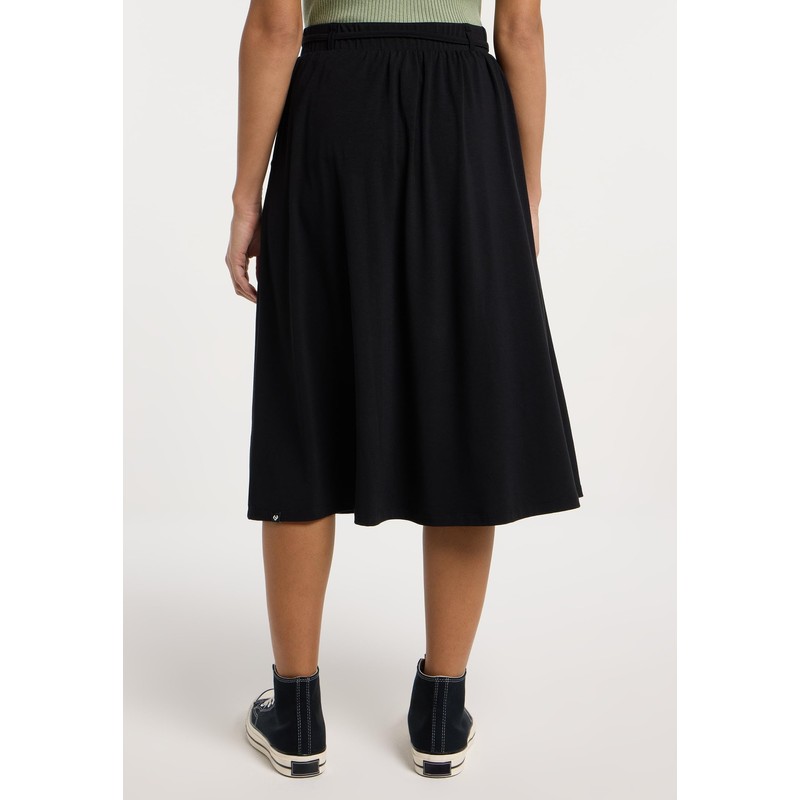 Reikko Knee-Length Skirt with Pockets and Thin Fabric Belt, black,